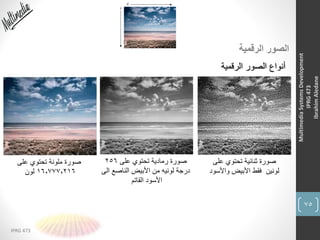 75
IPRG 473
MultimediaSystemsDevelopment
IPRG473
IbrahimAledane
‫الرقمية‬ ‫الصور‬
‫الرقمية‬ ‫الصور‬ ‫أنواع‬
‫على‬ ‫تحتوي‬ ‫ثنائية‬ ‫صورة‬
‫واألسود‬ ‫األبيض‬ ‫فقط‬ ‫لونين‬
‫على‬ ‫تحتوي‬ ‫رمادية‬ ‫صورة‬256
‫الى‬ ‫الناصع‬ ‫األبيض‬ ‫من‬ ‫لونيه‬ ‫درجة‬
‫القاتم‬ ‫األسود‬
‫على‬ ‫تحتوي‬ ‫ملونة‬ ‫صورة‬
16,777,216‫لون‬
 