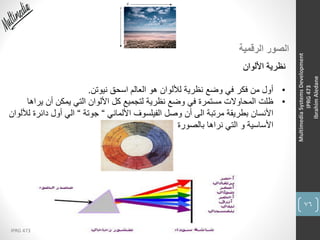 76
IPRG 473
MultimediaSystemsDevelopment
IPRG473
IbrahimAledane
‫الرقمية‬ ‫الصور‬
‫األلوان‬ ‫نظرية‬
•‫نيوتن‬ ‫اسحق‬ ‫العالم‬ ‫هو‬ ‫لأللوان‬ ‫نظرية‬ ‫وضع‬ ‫في‬ ‫فكر‬ ‫من‬ ‫أول‬.
•‫يرا‬ ‫أن‬ ‫يمكن‬ ‫التي‬ ‫األلوان‬ ‫كل‬ ‫لتجميع‬ ‫نظرية‬ ‫وضع‬ ‫في‬ ‫مستمرة‬ ‫المحاوالت‬ ‫ظلت‬‫ها‬
‫األلماني‬ ‫الفيلسوف‬ ‫وصل‬ ‫أن‬ ‫الى‬ ‫مرتبة‬ ‫بطريقة‬ ‫األنسان‬“‫جوتة‬“‫دائر‬ ‫أول‬ ‫الي‬‫لأللوان‬ ‫ة‬
‫بالصورة‬ ‫نراها‬ ‫التي‬ ‫و‬ ‫األساسية‬
 