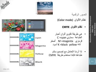80
IPRG 473
MultimediaSystemsDevelopment
IPRG473
IbrahimAledane
‫الرقمية‬ ‫الصور‬
‫األلوان‬ ‫نظام‬(Color mode)
•‫األلوان‬ ‫نظام‬CMYK
•‫أحبار‬ ‫ألوان‬ ‫تكوين‬ ‫طريقة‬ ‫هي‬
‫سماوي‬ ‫الطباعة‬C =cyan
‫قرمزي‬M =magenta‫أصفر‬
Y=yellowK =black‫أسود‬
•‫ستت‬ ‫تصميم‬ ‫مع‬ ‫التعامل‬ ‫أردنا‬ ‫إذا‬‫م‬
‫طريقة‬ ‫نستخدم‬ ‫فإننا‬ ‫طباعته‬CMYK
 