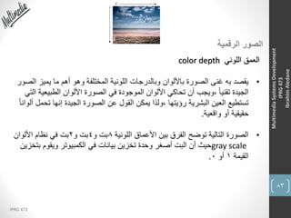 83
IPRG 473
MultimediaSystemsDevelopment
IPRG473
IbrahimAledane
‫الرقمية‬ ‫الصور‬
‫اللوني‬ ‫العمق‬color depth
•‫ال‬ ‫يميز‬ ‫ما‬ ‫أهم‬ ‫وهو‬ ‫المختلفة‬ ‫اللونية‬ ‫وبالدرجات‬ ‫باأللوان‬ ‫الصورة‬ ‫غنى‬ ‫به‬ ‫يقصد‬‫صور‬
‫الطبيعي‬ ‫األلوان‬ ‫الصورة‬ ‫في‬ ‫الموجودة‬ ‫األلوان‬ ‫تحاكي‬ ‫أن‬ ‫،ويجب‬ ً‫ا‬‫تقني‬ ‫الجيدة‬‫التي‬ ‫ة‬
‫تح‬ ‫إنها‬ ‫الجيدة‬ ‫الصورة‬ ‫عن‬ ‫القول‬ ‫يمكن‬ ‫،ولذا‬ ‫رؤيتها‬ ‫البشرية‬ ‫العين‬ ‫تستطيع‬ً‫ا‬‫ألوان‬ ‫مل‬
‫واقعية‬ ‫أو‬ ‫حقيقية‬.
•‫اللونية‬ ‫األعماق‬ ‫بين‬ ‫الفرق‬ ‫توضح‬ ‫التالية‬ ‫الصورة‬8‫و‬ ‫بت‬4‫و‬ ‫بت‬2‫األلوان‬ ‫نظام‬ ‫في‬ ‫بت‬
gray scale‫بت‬ ‫ويقوم‬ ‫الكمبيوتر‬ ‫في‬ ‫بيانات‬ ‫تخزين‬ ‫وحدة‬ ‫أصغر‬ ‫البت‬ ‫أن‬ ‫حيث‬‫خزين‬
‫القيمة‬1‫أو‬0.
 