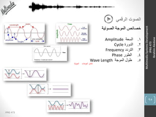 95
IPRG 473
MultimediaSystemsDevelopment
IPRG473
IbrahimAledane
‫الرقمي‬ ‫الصوت‬
‫الصوتية‬ ‫الموجة‬ ‫خصائص‬
1.‫السعة‬Amplitude
2.‫الدورة‬Cycle
3.‫التردد‬Frequency
4.‫الطور‬Phase
5.‫الموجة‬ ‫طول‬Wave Length
 