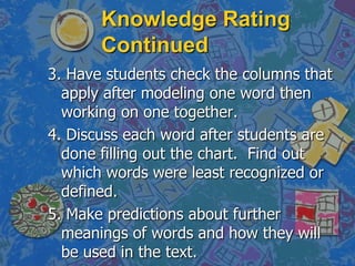 Use “weapons of mass instruction”-a variety of research-based strategies for vocabulary-teaching arsenals.Differentiation of Vocabulary Continued…Allow more examples and more time for guided practice and independent work