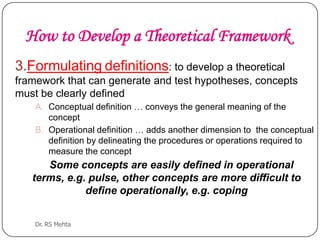 How to Develop a Theoretical Framework
3.Formulating definitions: to develop a theoretical
framework that can generate and test hypotheses, concepts
must be clearly defined
A. Conceptual definition … conveys the general meaning of the
concept
B. Operational definition … adds another dimension to the conceptual
definition by delineating the procedures or operations required to
measure the concept

Some concepts are easily defined in operational
terms, e.g. pulse, other concepts are more difficult to
define operationally, e.g. coping
Dr. RS Mehta

 