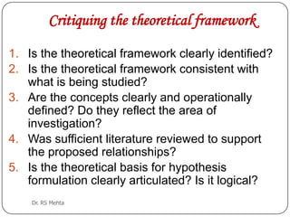 Critiquing the theoretical framework
1. Is the theoretical framework clearly identified?
2. Is the theoretical framework consistent with
what is being studied?
3. Are the concepts clearly and operationally
defined? Do they reflect the area of
investigation?
4. Was sufficient literature reviewed to support
the proposed relationships?
5. Is the theoretical basis for hypothesis
formulation clearly articulated? Is it logical?
Dr. RS Mehta

 