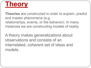 Theory
Theories are constructed in order to explain, predict
and master phenomena (e.g.
relationships, events, or the behavior). In many
instances we are constructing models of reality.

A theory makes generalizations about
observations and consists of an
interrelated, coherent set of ideas and
models.

 