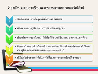 คุณลักษณะของการเรียนและการสอนตามแนวคอนสตรัคติวิสต์
1
• นาเสนอและส่งเสริมให้ผู้เรียนเห็นความคิดรวบยอด
2
• เป้าหมายและวัตถุประสงค์ในการเรียนได้มาจากผู้เรียน
3
• ผู้สอนมีบทบาทของผู้แนะนา ผู้กากับ โค้ช และผู้อานวยความสะดวกในการเรียน
4
• กิจกรรม โอกาส เครื่องมือและสิ่งแวดล้อมต่างๆ จัดมาเพื่อส่งเสริมการกากับวิธีการ
เรียนรู้โดยอาศัยความคิดของตนเอง (metacognition)
5
• ผู้เรียนต้องมีบทบาทสาคัญในการใช้สื่อและควบคุมการเรียนรู้ด้วยตนเอง
 