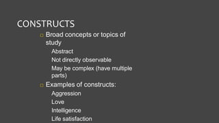 CONSTRUCTS
 Broad concepts or topics of
study
Abstract
Not directly observable
May be complex (have multiple
parts)
 Examples of constructs:
Aggression
Love
Intelligence
Life satisfaction
 