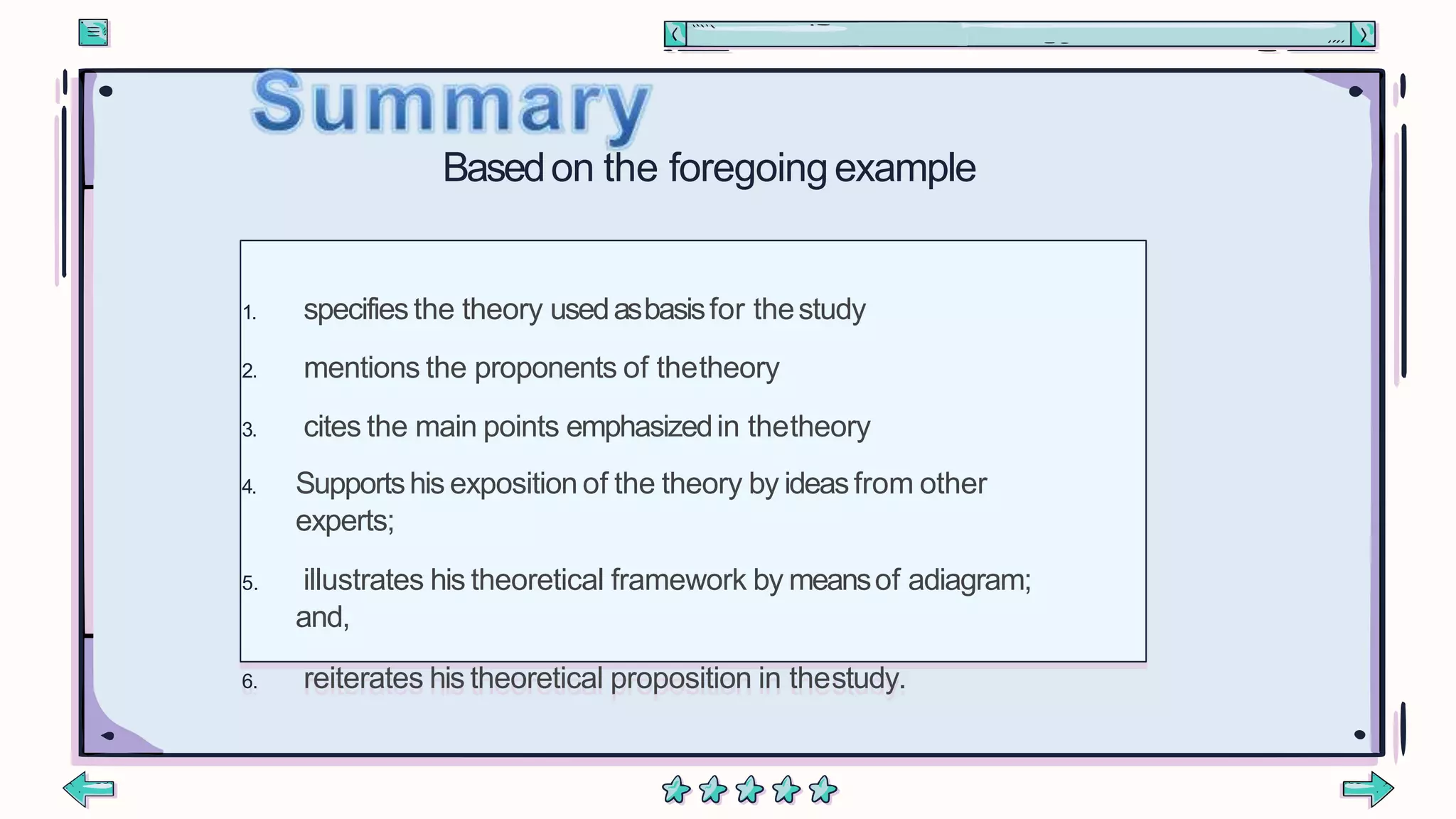 1. specifiesthe theory usedasbasisfor thestudy
2. mentions the proponents of thetheory
3. cites the main points emphasizedin thetheory
4. Supportshis exposition of the theory by ideasfrom other
experts;
5. illustrates his theoretical framework by meansof adiagram;
and,
6. reiterates his theoretical proposition in thestudy.
Basedon the foregoingexample
 