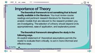 Importance of Theory
Thetheoretical framework isnot somethingthat isfound
readilyavailable in the literature. Youmust review course
readings and pertinent research literature for theories and
analytic models that are relevant to the research problem you
are investigating. Theselection of atheory should depend onits
appropriateness, easeof application, and explanatorypower.
Thetheoretical framework strengthensthe studyin the
followingways.
An explicit statement of theoretical assumptions permits the
reader to evaluate them critically. to act in more informed and
effective ways.
http://libguides.usc.edu/content.php?pid=83009&sid=618409
 