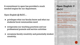 Stats (thru fall 2017):
$696,534.00 in student savings
75%+ of our gen. ed. writing
courses are open (737 courses
since fall 2016)
80%+ English faculty are
teaching an open curriculum
Open English @
SLCC
A commitment to open has provided a much
needed engine for our department.
Open English @ SLCC...
● privileges what our faculty know and what our
students/local communities need
● invigorates our teaching practices and our
professional pursuits and service activities
● occasions faculty creativity and potentially student
creativity.
 