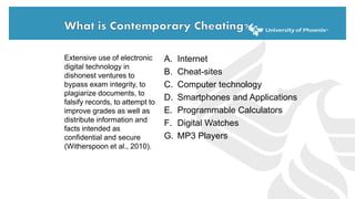 A. Internet
B. Cheat-sites
C. Computer technology
D. Smartphones and Applications
E. Programmable Calculators
F. Digital Watches
G. MP3 Players
Extensive use of electronic
digital technology in
dishonest ventures to
bypass exam integrity, to
plagiarize documents, to
falsify records, to attempt to
improve grades as well as
distribute information and
facts intended as
confidential and secure
(Witherspoon et al., 2010).
 