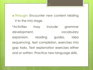14




 Through-    Encounter new content relating
  it to the into stage.
*Activities     may       include     grammar
...