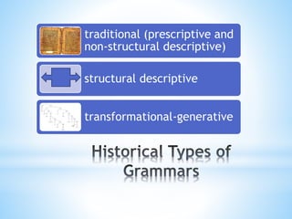 traditional (prescriptive and
non-structural descriptive)
structural descriptive
transformational-generative
 