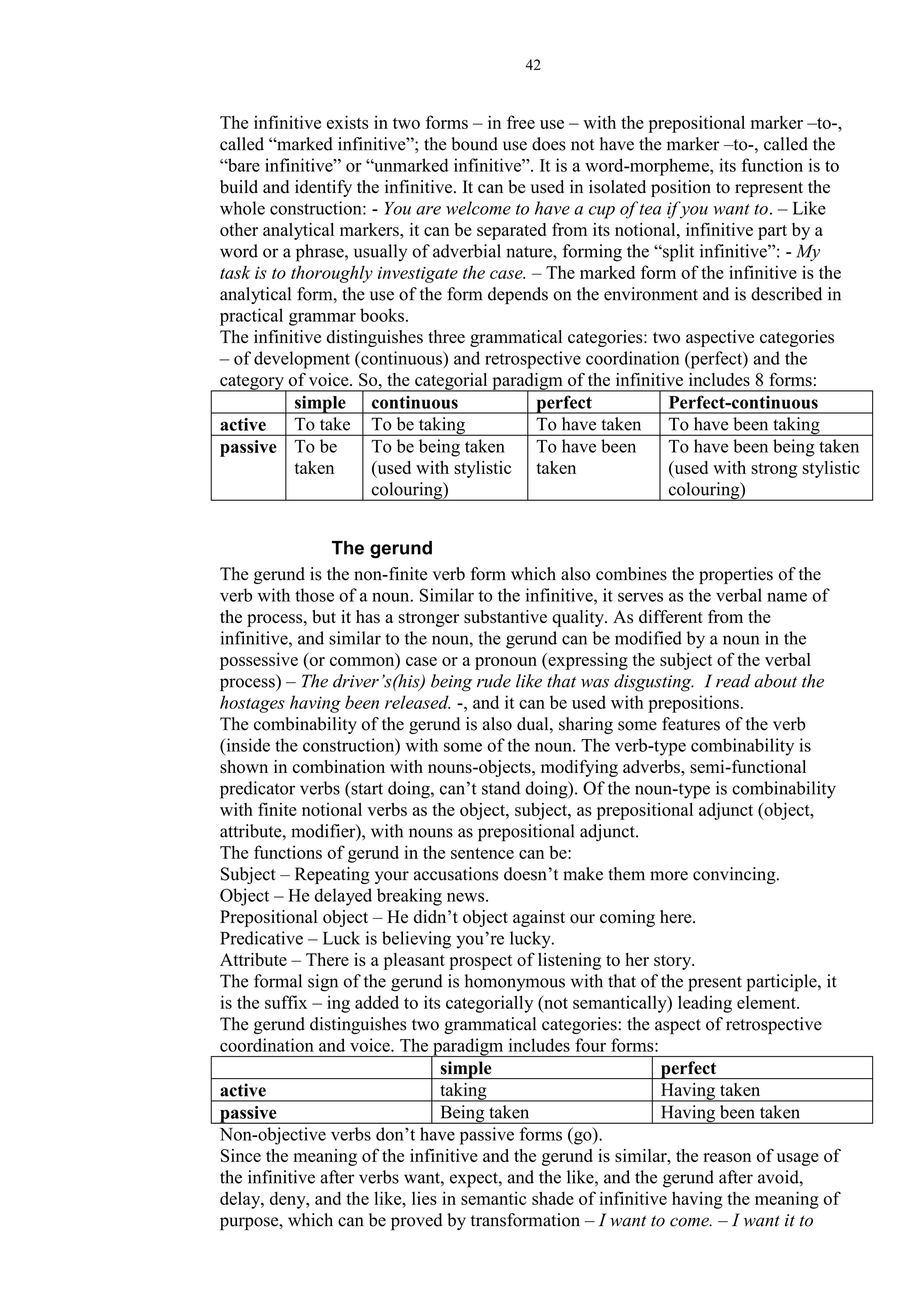 42
The infinitive exists in two forms – in free use – with the prepositional marker –to-,
called “marked infinitive”; the bound use does not have the marker –to-, called the
“bare infinitive” or “unmarked infinitive”. It is a word-morpheme, its function is to
build and identify the infinitive. It can be used in isolated position to represent the
whole construction: - You are welcome to have a cup of tea if you want to. – Like
other analytical markers, it can be separated from its notional, infinitive part by a
word or a phrase, usually of adverbial nature, forming the “split infinitive”: - My
task is to thoroughly investigate the case. – The marked form of the infinitive is the
analytical form, the use of the form depends on the environment and is described in
practical grammar books.
The infinitive distinguishes three grammatical categories: two aspective categories
– of development (continuous) and retrospective coordination (perfect) and the
category of voice. So, the categorial paradigm of the infinitive includes 8 forms:
simple continuous perfect Perfect-continuous
active To take To be taking To have taken To have been taking
passive To be
taken
To be being taken
(used with stylistic
colouring)
To have been
taken
To have been being taken
(used with strong stylistic
colouring)
The gerund
The gerund is the non-finite verb form which also combines the properties of the
verb with those of a noun. Similar to the infinitive, it serves as the verbal name of
the process, but it has a stronger substantive quality. As different from the
infinitive, and similar to the noun, the gerund can be modified by a noun in the
possessive (or common) case or a pronoun (expressing the subject of the verbal
process) – The driver’s(his) being rude like that was disgusting. I read about the
hostages having been released. -, and it can be used with prepositions.
The combinability of the gerund is also dual, sharing some features of the verb
(inside the construction) with some of the noun. The verb-type combinability is
shown in combination with nouns-objects, modifying adverbs, semi-functional
predicator verbs (start doing, can’t stand doing). Of the noun-type is combinability
with finite notional verbs as the object, subject, as prepositional adjunct (object,
attribute, modifier), with nouns as prepositional adjunct.
The functions of gerund in the sentence can be:
Subject – Repeating your accusations doesn’t make them more convincing.
Object – He delayed breaking news.
Prepositional object – He didn’t object against our coming here.
Predicative – Luck is believing you’re lucky.
Attribute – There is a pleasant prospect of listening to her story.
The formal sign of the gerund is homonymous with that of the present participle, it
is the suffix – ing added to its categorially (not semantically) leading element.
The gerund distinguishes two grammatical categories: the aspect of retrospective
coordination and voice. The paradigm includes four forms:
simple perfect
active taking Having taken
passive Being taken Having been taken
Non-objective verbs don’t have passive forms (go).
Since the meaning of the infinitive and the gerund is similar, the reason of usage of
the infinitive after verbs want, expect, and the like, and the gerund after avoid,
delay, deny, and the like, lies in semantic shade of infinitive having the meaning of
purpose, which can be proved by transformation – I want to come. – I want it to
 