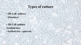 Types of culture
• 2D Cell culture
- Monolayer
• 3D Cell culture
-Scaffold-base
- Scaffold-free : spheroid
 