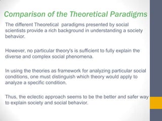 Comparison of the Theoretical Paradigms
The different Theoretical paradigms presented by social
scientists provide a rich background in understanding a society
behavior.
However, no particular theory's is sufficient to fully explain the
diverse and complex social phenomena.

In using the theories as framework for analyzing particular social
conditions, one must distinguish which theory would apply to
analyze a specific condition.
Thus, the eclectic approach seems to be the better and safer way
to explain society and social behavior.

 