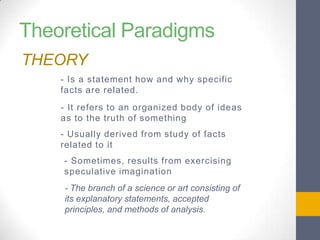 Theoretical Paradigms
THEORY
- Is a statement how and why specific
facts are related.
- It refers to an organized body of ideas
as to the truth of something
- Usually derived from study of facts
related to it
- Sometimes, results from exercising
speculative imagination

- The branch of a science or art consisting of
its explanatory statements, accepted
principles, and methods of analysis.

 