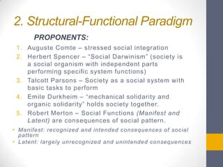 2. Structural-Functional Paradigm
PROPONENTS:
1. Auguste Comte – stressed social integration
2. Herbert Spencer – “Social Darwinism” (society is
a social organism with independent parts
performing specific system functions)
3. Talcott Parsons – Society as a social system with
basic tasks to perform
4. Emile Durkheim – “mechanical solidarity and
organic solidarity” holds society together.
5. Robert Merton – Social Functions (Manifest and
Latent) are consequences of social pattern.
• Manifest: recognized and intended consequences of social
pattern
• Latent: largely unrecognized and unintended consequences

 