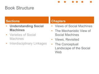 Book Structure
Sections
• Understanding Social
Machines
• Varieties of Social
Machines
• Interdisciplinary Linkages
Chapters
• Views of Social Machines
• The Mechanistic View of
Social Machines
• Views, Revisited
• The Conceptual
Landscape of the Social
Web
 