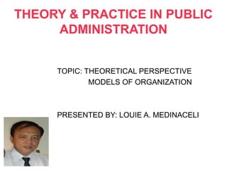 THEORY & PRACTICE IN PUBLIC
     ADMINISTRATION


     TOPIC: THEORETICAL PERSPECTIVE
             MODELS OF ORGANIZATION



     PRESENTED BY: LOUIE A. MEDINACELI
 