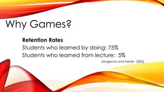 Why Games?
Retention Rates
Students who learned by doing: 75%
Students who learned from lecture: 5%
(Magennis and Farrell - 2005)
 