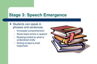 Stage 3: Speech Emergence
   Students can speak in
    phrases and sentences.
    –   Increased comprehension
    –   Some basic errors in speech
    –   Reading limited to what is
        understood orally
    –   Writing limited to brief
        responses
 