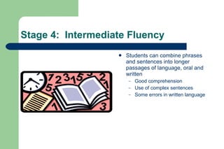 Stage 4: Intermediate Fluency
                      Students can combine phrases
                       and sentences into longer
                       passages of language, oral and
                       written
                       –   Good comprehension
                       –   Use of complex sentences
                       –   Some errors in written language
 