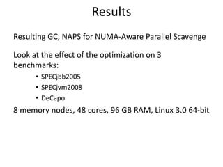 Results
Resulting GC, NAPS for NUMA-Aware Parallel Scavenge

Look at the effect of the optimization on 3
benchmarks:
      • SPECjbb2005
      • SPECjvm2008
      • DeCapo
8 memory nodes, 48 cores, 96 GB RAM, Linux 3.0 64-bit
 