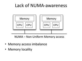 Lack of NUMA-awareness

        Memory           Memory

       CPU   CPU        CPU   CPU



     NUMA – Non-Uniform Memory access

• Memory access imbalance
• Memory locality
 