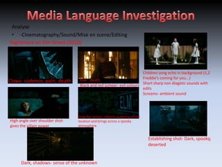 Analyse
• -Cinematography/Sound/Mise en scene/Editing
Nightmare on Elm Street (2010)




                                                                     Children song echo in background (1,2
                                  Fire- death                        Freddie’s coming for you...)
Claws- violence, pain, death
                                  Black and red jumper- evil colours Short sharp non diagetic sounds with
                                                                     edits
                                                                     Screams- ambient sound




                                 Slow Pan across- informs audience of the
High angle over shoulder shot-   location and brings across a spooky
gives the villain power          atmosphere


                                                                            Establishing shot- Dark, spooky,
                                                                            deserted


      Dark, shadows- sense of the unknown
 
