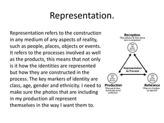 Representation. 
Representation refers to the construction 
in any medium of any aspects of reality, 
such as people, places, objects or events. 
It refers to the processes involved as well 
as the products, this means that not only 
is it how the identities are represented 
but how they are constructed in the 
process. The key markers of identity are 
class, age, gender and ethnicity. I need to 
make sure the photos that are including 
in my production all represent 
themselves in the way I want them to. 
 