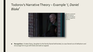 Todorov’s NarrativeTheory – Example ‘I, Daniel
Blake’
■ Recognition : It takes Daisy, daughter to the family Daniel befriended, to coax Daniel out of defeatism and
encourage him to go with Katie and seek an appeal.
Daniel is convinced
by the family he
meets and helps to
make an appeal for
benefits
 