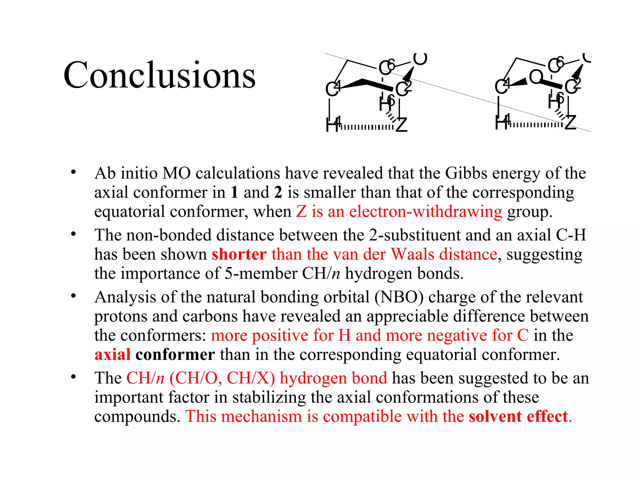 Conclusions Ab initio MO calculations have revealed that the Gibbs energy of the axial conformer in  1  and  2  is smaller than that of the corresponding equatorial conformer, when  Z is an electron-withdrawing  group.  The non-bonded distance between the 2-substituent and an axial C-H has been shown  shorter  than the van der Waals distance , suggesting the importance of 5-member CH/ n  hydrogen bonds.  Analysis of the natural bonding orbital (NBO) charge of the relevant protons and carbons have revealed an appreciable difference between the conformers:  more positive for H and more negative for C  in the  axial  conformer  than in the corresponding equatorial conformer.  The  CH/ n  (CH/O, CH/X) hydrogen bond  has been suggested to be an important factor in stabilizing the axial conformations of these compounds.   This mechanism is compatible with the  solvent effect . 