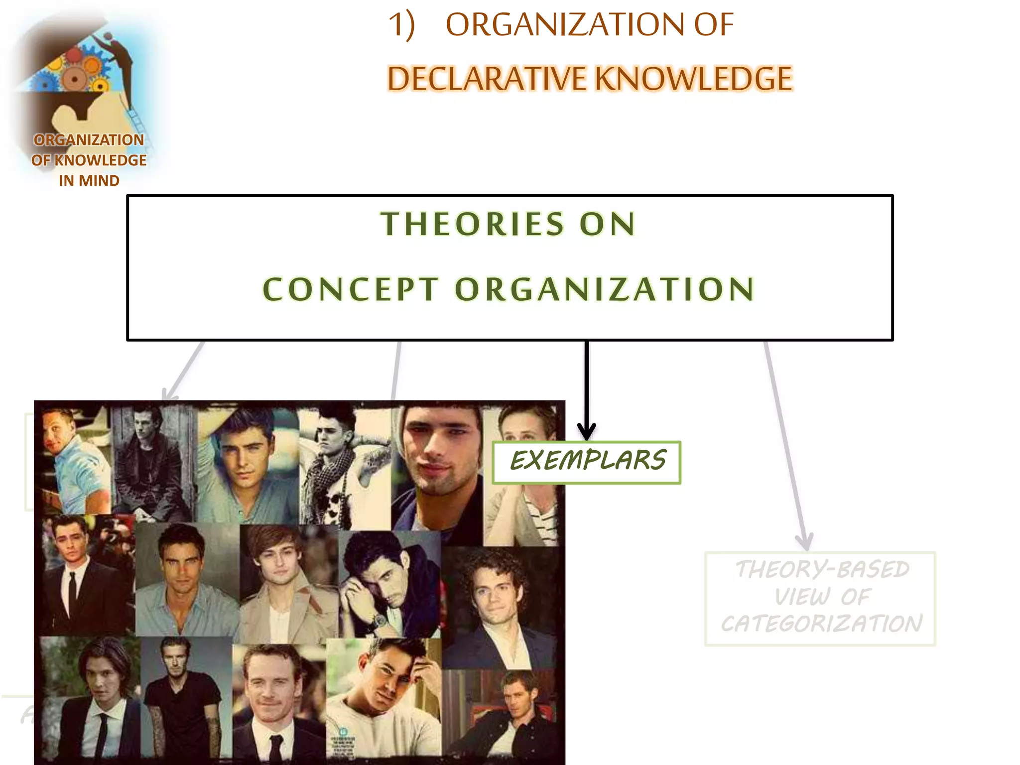 1) ORGANIZATION OF 
DECLARATIVE KNOWLEDGE 
ORGANIZATION 
OF KNOWLEDGE 
IN MIND 
FEATURE-BASED 
CATEGORIES: 
A DEFINING VIEW 
THEORIES ON 
CONCEPT ORGANIZATION 
A SYNTHESIS: COMBINING FEATURE-BASED 
AND PROTOTYPE THEORIES 
THEORY-BASED 
VIEW OF 
CATEGORIZATION 
EXEMPLARS 
PROTOTYPE THEORY: 
A CHARACTERISTIC VIEW 
 