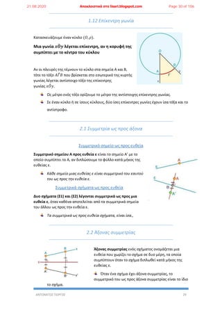 ΑΝΤΩΝΑΤΟΣ ΓΙΩΡΓΟΣ 29
1.12 Επίκεντρη γωνία
Κατασκευάζουμε έναν κύκλο (𝛰, 𝜌).
Μια γωνία 𝒙𝑶̂ 𝒚 λέγεται επίκεντρη, αν η κορυφή της
συμπίπτει με το κέντρο του κύκλου
Αν οι πλευρές της τέμνουν το κύκλο στα σημεία Α και Β,
τότε το τόξο 𝛢𝛤̂ 𝛣 που βρίσκεται στο εσωτερικό της κυρτής
γωνίας λέγεται αντίστοιχο τόξο της επίκεντρης
γωνίας 𝑥𝑂̂ 𝑦.
Ως μέτρο ενός τόξο ορίζουμε το μέτρο της αντίστοιχης επίκεντρης γωνίας.
Σε έναν κύκλο ή σε ίσους κύκλους, δύο ίσες επίκεντρες γωνίες έχουν ίσα τόξα και το
αντίστροφο.
2.1 Συμμετρία ως προς άξονα
Συμμετρικό σημείο ως προς ευθεία
Συμμετρικό σημείου Α προς ευθεία ε είναι το σημείο Α’ με το
οποίο συμπίπτει το Α, αν διπλώσουμε το φύλλο κατά μήκος της
ευθείας ε.
Κάθε σημείο μιας ευθείας ε είναι συμμετρικό του εαυτού
του ως προς την ευθεία ε.
Συμμετρικά σχήματα ως προς ευθεία
Δυο σχήματα (Σ1) και (Σ2) λέγονται συμμετρικά ως προς μια
ευθεία ε, όταν καθένα αποτελείται από τα συμμετρικά σημεία
του άλλου ως προς την ευθεία ε.
Τα συμμετρικά ως προς ευθεία σχήματα, είναι ίσα.,
2.2 Άξονας συμμετρίας
Άξονας συμμετρίας ενός σχήματος ονομάζεται μια
ευθεία που χωρίζει το σχήμα σε δυο μέρη, τα οποία
συμπίπτουν όταν το σχήμα διπλωθεί κατά μήκος της
ευθείας ε.
Όταν ένα σχήμα έχει άξονα συμμετρίας, το
συμμετρικό του ως προς άξονα συμμετρίας είναι το ίδιο
το σχήμα.
21.08.2020 Αποκλειστικά στο lisari.blogspot.com Page 30 of 106
 
