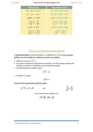 ΑΝΤΩΝΑΤΟΣ ΓΙΩΡΓΟΣ - ΜΑΘΗΜΑΤΙΚΟΣ 4
Τετραγωνική ρίζα πραγματικού αριθμού
Η τετραγωνική ρίζα ενός θετικού αριθμού x συμβολίζεται με √ 𝒙 και είναι ο θετικός
αριθμός που όταν υψωθεί στο τετράγωνο, μας δίνει τον αριθμό x.
 Ορίζουμε επίσης ότι √0 = 0
 Δεν ορίζεται τετραγωνική ρίζα αρνητικού αριθμού, γιατί δεν υπάρχει πραγματικός
αριθμός του οποίου το τετράγωνο να είναι αρνητικός αριθμός.
 Για κάθε πραγματικό αριθμό x ισχύει:
√𝑥2 = |x|
 Για κάθε x ≥ 0 ισχύει:
(√ 𝑥)2 = x
Γενικά για δύο μη αρνητικούς αριθμούς ισχύει
√α ∙ β = √α · √β και √
α
β
=
√α
√β
Αν α, β είναι θετικοί αριθμοί, τότε
√𝛂 + 𝛃 ≠ √ 𝛂 + √𝛃
21.08.2020 Αποκλειστικά στο lisari.blogspot.com Page 74 of 106
 
