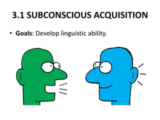3.1 SUBCONSCIOUS ACQUISITION
• Goals: Develop linguistic ability.
 