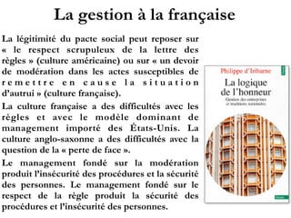 La gestion à la française
La légitimité du pacte social peut reposer sur
«  le respect scrupuleux de la lettre des
règles » (culture américaine) ou sur « un devoir
de modération dans les actes susceptibles de
r e m e t t r e e n c a u s e l a s i t u a t i o n
d’autrui » (culture française).
La culture française a des difficultés avec les
règles et avec le modèle dominant de
management importé des États-Unis. La
culture anglo-saxonne a des difficultés avec la
question de la « perte de face ».
Le management fondé sur la modération
produit l’insécurité des procédures et la sécurité
des personnes. Le management fondé sur le
respect de la règle produit la sécurité des
procédures et l’insécurité des personnes.
 