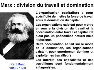Marx : division du travail et domination
L’organisation capitaliste a pour
spécificité de mettre la force de travail
sous la domination du capital.!
Les organisations existent pour mettre
en œuvre la division du travail et la
coordination entre travail et capital. Ce
n’est pas un phénomène naturel mais
historique.!
Cette coordination se fait sur le mode
de la domination, les organisations
existent pour coordonner, dominer et
exploiter les travailleurs.!
Les intérêts des capitalistes et des
travailleurs sont fondamentalement
antagonistes.
Karl Marx!
1818 - 1883
 