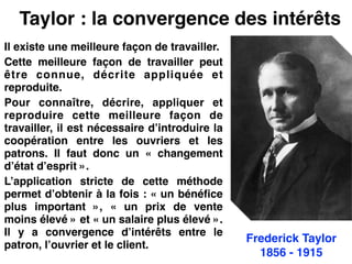 Taylor : la convergence des intérêts
Il existe une meilleure façon de travailler.!
Cette meilleure façon de travailler peut
être connue, décrite appliquée et
reproduite.!
Pour connaître, décrire, appliquer et
reproduire cette meilleure façon de
travailler, il est nécessaire d’introduire la
coopération entre les ouvriers et les
patrons. Il faut donc un «  changement
d’état d’esprit ».!
L’application stricte de cette méthode
permet d’obtenir à la fois : « un bénéfice
plus important  », «  un prix de vente
moins élevé » et « un salaire plus élevé ».
Il y a convergence d’intérêts entre le
patron, l’ouvrier et le client.
Frederick Taylor!
1856 - 1915
 
