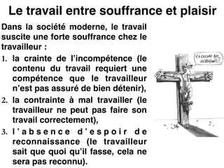 Le travail entre souffrance et plaisir
Dans la société moderne, le travail
suscite une forte souffrance chez le
travailleur :!
1. la crainte de l’incompétence (le
contenu du travail requiert une
compétence que le travailleur
n’est pas assuré de bien détenir),!
2. la contrainte à mal travailler (le
travailleur ne peut pas faire son
travail correctement),!
3. l ’ a b s e n c e d ’ e s p o i r d e
reconnaissance (le travailleur
sait que quoi qu’il fasse, cela ne
sera pas reconnu).
 