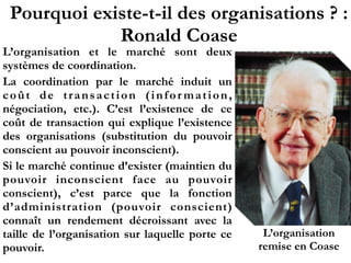 Pourquoi existe-t-il des organisations ? :
Ronald Coase
L’organisation et le marché sont deux
systèmes de coordination.
La coordination par le marché induit un
coût de transaction (infor mation,
négociation, etc.). C’est l’existence de ce
coût de transaction qui explique l’existence
des organisations (substitution du pouvoir
conscient au pouvoir inconscient).
Si le marché continue d’exister (maintien du
pouvoir inconscient face au pouvoir
conscient), c’est parce que la fonction
d’administration (pouvoir conscient)
connaît un rendement décroissant avec la
taille de l’organisation sur laquelle porte ce
pouvoir.
L’organisation
remise en Coase
 