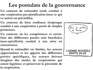 Les postulats de la gouvernance
Un contexte de rationalité totale conduit à
une coopération par planification (tout ce qui
va arriver est prévisible).
Un contexte de forte confiance réciproque
conduit à une coopération à partir de simples
promesses.
Un contexte où les compétences et savoir-
faire des différentes parties sont banalisées
(non-spécificité) conduit à une mise en
concurrence.
Quand la rationalité est limitée, les acteurs
opportunistes et les apports des différentes
parties spécifiques, les acteurs doivent
imaginer des modes de coopérations qui
soient légitimes et préservent la pérennité de
la coopération.
 