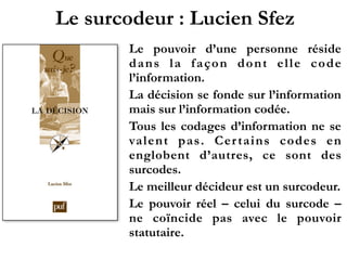Le surcodeur : Lucien Sfez
Le pouvoir d’une personne réside
dans la façon dont elle code
l’information.
La décision se fonde sur l’information
mais sur l’information codée.
Tous les codages d’information ne se
valent pas. Certains codes en
englobent d’autres, ce sont des
surcodes.
Le meilleur décideur est un surcodeur.
Le pouvoir réel – celui du surcode –
ne coïncide pas avec le pouvoir
statutaire.
 