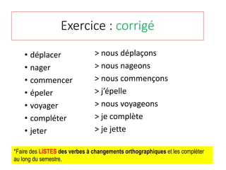 Exercice : corrigé
• déplacer
• nager
• commencer
• épeler
• voyager
• compléter
• jeter
*Faire des LISTES des verbes à changements orthographiques et les compléter
au long du semestre.
> nous déplaçons
> nous nageons
> nous commençons
> j’épelle
> nous voyageons
> je complète
> je jette
 