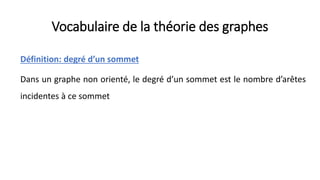Vocabulaire de la théorie des graphes
Définition: degré d’un sommet
Dans un graphe non orienté, le degré d’un sommet est le nombre d’arêtes
incidentes à ce sommet
 