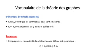 Vocabulaire de la théorie des graphes
Définition: Sommets adjacents
• 𝑥𝑖 R 𝑥𝑗, on dit que les sommets 𝑥𝑖 et 𝑥𝑗 sont adjacents
• 𝑥𝑖 et 𝑥𝑗 sont adjacents s’il y a un arc qui les relis
Remarque
• Si le graphe est non orienté, la relation binaire définie est symétrique :
𝑥𝑖 R 𝑥𝑗 alors 𝑥𝑗 R 𝑥𝑖
 