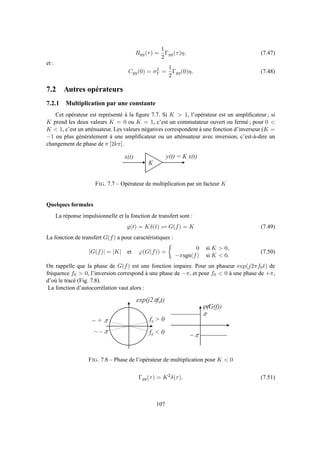 Ryy(τ) =
1
2
Γgg(τ)η, (7.47)
et :
Cyy(0) = σ2
Y =
1
2
Γgg(0)η. (7.48)
7.2 Autres opérateurs
7.2.1 Multiplication par une constante
Cet opérateur est représenté à la ﬁgure 7.7. Si K > 1, l’opérateur est un ampliﬁcateur ; si
K prend les deux valeurs K = 0 ou K = 1, c’est un commutateur ouvert ou fermé ; pour 0 <
K < 1, c’est un atténuateur. Les valeurs négatives correspondent à une fonction d’inverseur (K =
−1 ou plus généralement à une ampliﬁcateur ou un atténuateur avec inversion, c’est-à-dire un
changement de phase de π [2kπ].
x ( t ) y ( t ) = K x ( t )
K
FIG. 7.7 – Opérateur de multiplication par un facteur K
Quelques formules
La réponse impulsionnelle et la fonction de transfert sont :
g(t) = Kδ(t) ⇋ G(f) = K (7.49)
La fonction de transfert G(f) a pour caractéristiques :
|G(f)| = |K| et ϕ(G(f)) =
0 si K > 0,
−πsgn(f) si K < 0.
(7.50)
On rappelle que la phase de G(f) est une fonction impaire. Pour un phaseur exp(j2πf0t) de
fréquence f0 > 0, l’inversion correspond à une phase de −π, et pour f0 < 0 à une phase de +π,
d’où le tracé (Fig. 7.8).
La fonction d’autocorrélation vaut alors :
e x p ( j 2 p f 0 t )
f 0 > 0
f 0 < 0
~ + p
~ - p
p
- p
j ( G ( f ) )
FIG. 7.8 – Phase de l’opérateur de multiplication pour K < 0
Γgg(τ) = K2
δ(τ). (7.51)
107
 