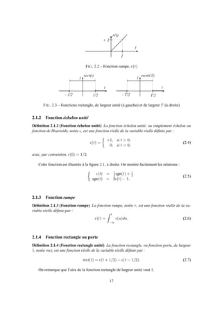 t
r ( t )
+ 1
1
FIG. 2.2 – Fonction rampe, r(t)
t
r e c t ( t )
- 1 / 2 1 / 2
t
r e c t ( t / T )
- T / 2 T / 2
1 1
FIG. 2.3 – Fonctions rectangle, de largeur unité (à gauche) et de largeur T (à droite)
2.1.2 Fonction échelon unité
Déﬁnition 2.1.2 (Fonction échelon unité) La fonction échelon unité, ou simplement échelon ou
fonction de Heaviside, notée ǫ, est une fonction réelle de la variable réelle déﬁnie par :
ǫ(t) =
+1, si t > 0,
0, si t < 0,
(2.4)
avec, par convention, ǫ(0) = 1/2.
Cette fonction est illustrée à la ﬁgure 2.1, à droite. On montre facilement les relations :
ǫ(t) = 1
2 sgn(t) + 1
2
sgn(t) = 2ǫ(t) − 1.
(2.5)
2.1.3 Fonction rampe
Déﬁnition 2.1.3 (Fonction rampe) La fonction rampe, notée r, est une fonction réelle de la va-
riable réelle déﬁnie par :
r(t) =
t
−∞
ǫ(u)du. (2.6)
2.1.4 Fonction rectangle ou porte
Déﬁnition 2.1.4 (Fonction rectangle unité) La fonction rectangle, ou fonction porte, de largeur
1, notée rect, est une fonction réelle de la variable réelle déﬁnie par :
rect(t) = ǫ(t + 1/2) − ǫ(t − 1/2). (2.7)
On remarque que l’aire de la fonction rectangle de largeur unité vaut 1.
17
 