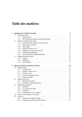 Table des matières
1 Introduction à la théorie du signal 6
1.1 Théorie du signal . . . . . . . . . . . . . . . . . . . . . . . . . . . . . . . . . . 6
1.1.1 Signal et bruit . . . . . . . . . . . . . . . . . . . . . . . . . . . . . . . . 6
1.1.2 De la théorie du signal au traitement du signal . . . . . . . . . . . . . . . 7
1.2 Théorie et traitement du signal . . . . . . . . . . . . . . . . . . . . . . . . . . . 8
1.2.1 Communication à étalement de spectre [5] . . . . . . . . . . . . . . . . . 8
1.2.2 Mesure par corrélation . . . . . . . . . . . . . . . . . . . . . . . . . . . 10
1.2.3 Filtre adapté . . . . . . . . . . . . . . . . . . . . . . . . . . . . . . . . 10
1.2.4 Filtrage de Widrow [11] . . . . . . . . . . . . . . . . . . . . . . . . . . 11
1.2.5 Séparation aveugle de sources [7] . . . . . . . . . . . . . . . . . . . . . 12
1.2.6 Filtrage homomorphique . . . . . . . . . . . . . . . . . . . . . . . . . . 13
1.2.7 Vers un traitement multidimentionnel . . . . . . . . . . . . . . . . . . . 13
1.3 Organisation du document . . . . . . . . . . . . . . . . . . . . . . . . . . . . . 14
1.3.1 Contenu . . . . . . . . . . . . . . . . . . . . . . . . . . . . . . . . . . . 14
1.3.2 Références . . . . . . . . . . . . . . . . . . . . . . . . . . . . . . . . . 14
1.3.3 Avertissement . . . . . . . . . . . . . . . . . . . . . . . . . . . . . . . . 15
2 Signaux, fonctions et opérateurs de base 16
2.1 Signaux usuels . . . . . . . . . . . . . . . . . . . . . . . . . . . . . . . . . . . 16
2.1.1 Fonction signe . . . . . . . . . . . . . . . . . . . . . . . . . . . . . . . 16
2.1.2 Fonction échelon unité . . . . . . . . . . . . . . . . . . . . . . . . . . . 17
2.1.3 Fonction rampe . . . . . . . . . . . . . . . . . . . . . . . . . . . . . . . 17
2.1.4 Fonction rectangle ou porte . . . . . . . . . . . . . . . . . . . . . . . . 17
2.1.5 Fonction triangle . . . . . . . . . . . . . . . . . . . . . . . . . . . . . . 19
2.2 Impulsion de Dirac . . . . . . . . . . . . . . . . . . . . . . . . . . . . . . . . . 19
2.2.1 Distribution de Dirac . . . . . . . . . . . . . . . . . . . . . . . . . . . . 20
2.2.2 Propriétés et règles opératoires . . . . . . . . . . . . . . . . . . . . . . . 20
2.3 Produit de convolution . . . . . . . . . . . . . . . . . . . . . . . . . . . . . . . 23
2.3.1 Déﬁnition . . . . . . . . . . . . . . . . . . . . . . . . . . . . . . . . . . 23
2.3.2 La convolution en BD . . . . . . . . . . . . . . . . . . . . . . . . . . . 24
2.3.3 Propriétés . . . . . . . . . . . . . . . . . . . . . . . . . . . . . . . . . . 24
2.3.4 Commentaire sur les notations . . . . . . . . . . . . . . . . . . . . . . . 24
2.4 Valeurs caractéristiques d’un signal . . . . . . . . . . . . . . . . . . . . . . . . . 26
2.5 Exercices . . . . . . . . . . . . . . . . . . . . . . . . . . . . . . . . . . . . . . 27
2.5.1 Fonctions rectangle et triangle . . . . . . . . . . . . . . . . . . . . . . . 27
2.5.2 Propriétés des produits de convolution . . . . . . . . . . . . . . . . . . . 27
1
 